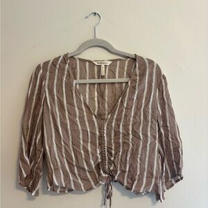 BCBGeneration Taupe and White Striped V-Neck Drawstring Blouse